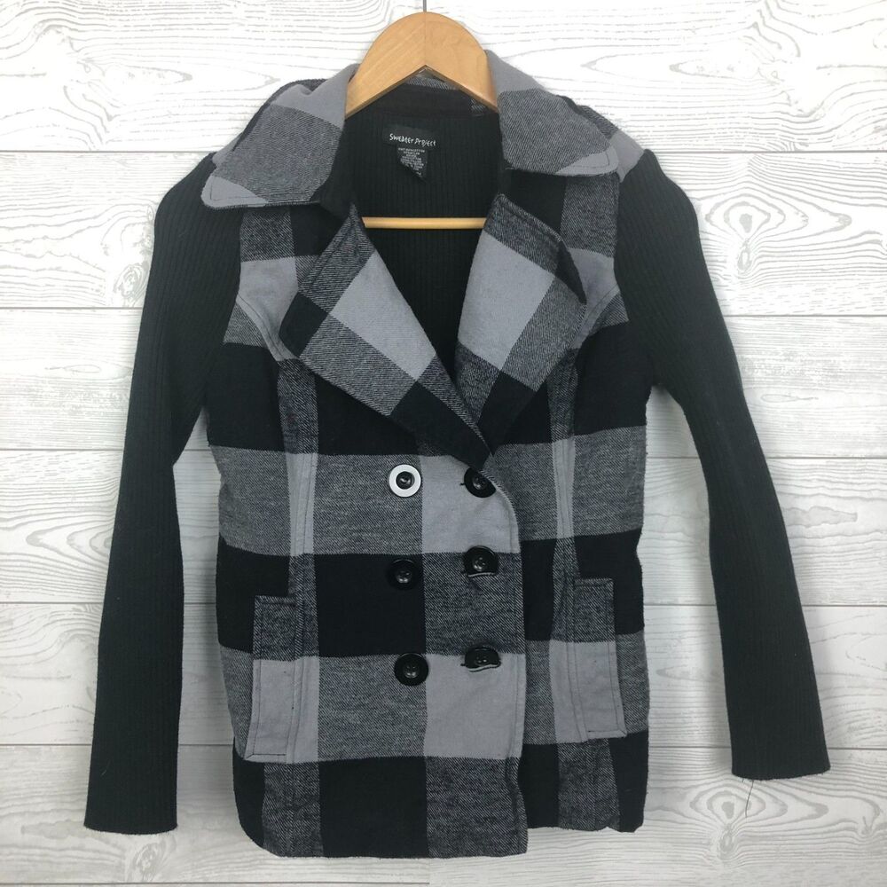 Sweater Project Flannel Jacket Womens Medium Gray Buffalo Check Double Breasted